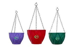 OSHIGREENS Hanging Flower POTS for Home Decoration with Hanging Chain | Hanging Flower POTS with Base Tray Pack of 3