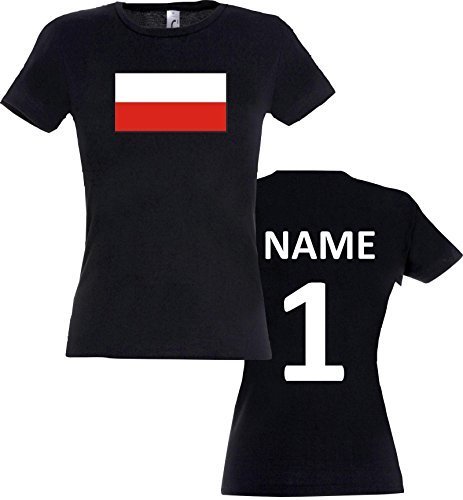 Lady T-Shirt Polen Poland Ländershirt mit Wunschnamen und Nummer, Farbe schwarz, Größe L
