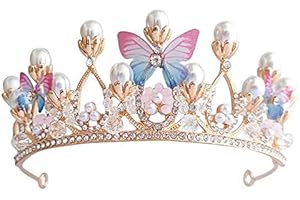 Crown Pink Girls, Moxiewell Butterfly Flower Pearl Rhinestone Queen Crown, Princess Crown Headband, Tiara Pearl Princess, Queen Crown for Birthday Party Holiday Costume, Alloys, white stone