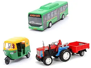 Centy Toys CNG Pull Back Auto Rickshaw Centy Trolley Tractor (Colors May Vary) & Centy Toys Low Floor CNG Pull Back Bus