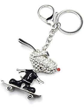 pt1293e–Schlüsselanhänger/-Schmuckstück tasche–Snoopy Strass Silber und Metall ID schwarz auf Skate