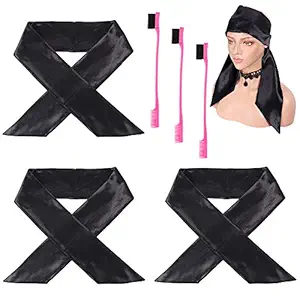 YMHPRIDE Edge Laying Scarf and Edge Brush Set for Women Lace Frontal Wigs Wig Grip Band Edge Control Hair Brush Edge Wrap Hair Wrap Silk Stain Headband for Makeup,Facial,Sport,Yoga (3 Pcs Black)
