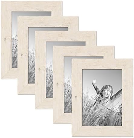 Photolini Set of 5 Picture Frames with Dimensions of 13x18 cm/7 x 5 Inch, Beach-House Style, Rustic, White, Natural Solid Wood with Glass Insert