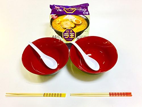 JapanStyle Japanese Ramen Donburi Bowl dia. 183cm 82g [Black x Vermilion ] x 2pcs/Renge Ramen Spoon x 2pcs/Chopsticks x 2 sets/Raoh Tonkotsu Shoyu Porkbone Soy Sauce [5pcs]/ Ready-for-Ramen Package TS