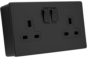 SHPELEC SH|P® COMPACT Screwless Ultra-Matt Black Metal 2 Gang 13A 4mm Plate Switched Socket and 25mm Plastic Surface Mount Pattress Box (2 Gang Socket)