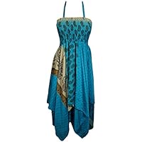 Flora Women Sundress Printed Handkercheif Hem Uneven Upcycled Silk Sari Boho Beach Halter Dress S/M