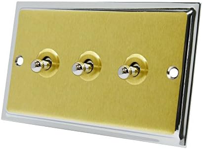 Slimline Duo Satin Brass Polished Chrome 3 Gang Toggle Switch - 10 Amp Triple 3-Gang 2 Way Dolly Light Switch