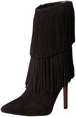 Fashion Women Short Boots Tassel Suede Leather Thin High Heels Pointed Ankle Shoes . Black . 34