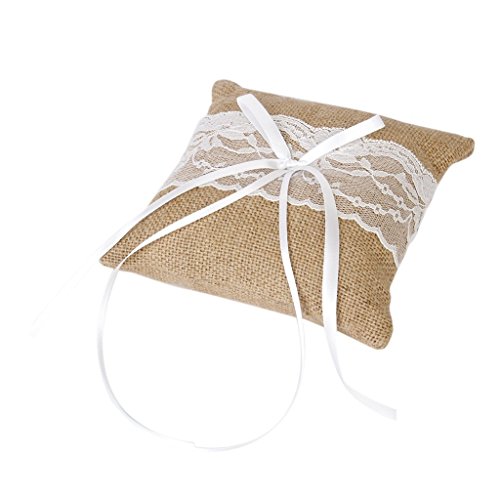 Ringkissen ca. 15cm x 15cm vintage Sackleinen Jute Spitze Landhaus-Stil Hochzeit - 4