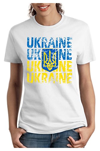 OM3 – UKRAINE – Damen T-Shirt tailliert – UKRAJINA EM 2016 FRANKREICH FRANCE FUSSBALL FANSHIRT SOCCER SPORT TRIKOT EUROPAMEISTER, XXL, weiss