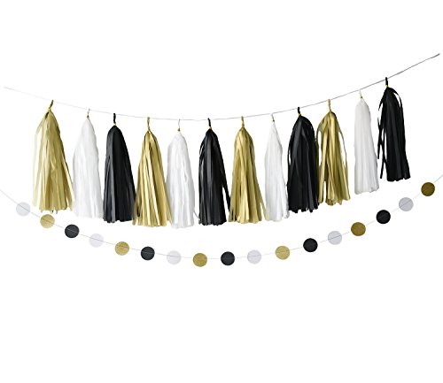 Furuix Schwarzes weißes Gold-Partei-Dekoration-Installationssatz Glückliches neues Jahr-Dekoration-Goldfunkeln-Partei-Fahnen-Tissue-Papier Pom Pom-Blume mit Papier-Troddel-Girlande-Kreis-Girlande für Sylvester-Dekor-Geburtstags-Deko - 2
