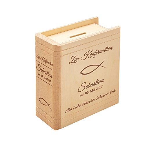 Spardose in Bibel Buch Optik aus Holz – mit Gravur zur Konfirmation – Personalisiert mit Namen und Datum – Motiv Fisch – Sparbüchse aus Birkenholz als Geschenkidee – Sparschwein als Konfirmationsgeschenk - 5