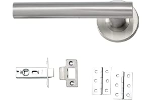 IRONZONE® 1 Set of Quality Straight Door Handle Pack Internal Comes with Latch Hinges Straight Lever Latch Door Furniture Stainless Steel Finish for Home or Commercial Properties