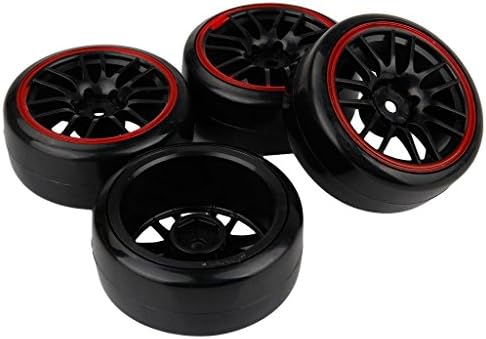 Yiguo Durable Red edge Wheel Rims and Smooth Plastic Tyre Tires 14 Spoke for RC 1:10 Drift Car set of 4