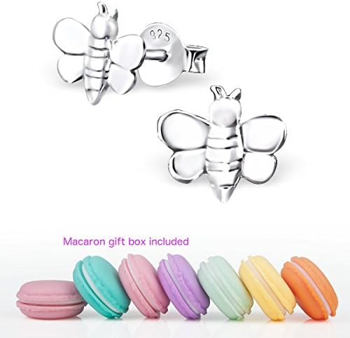 CuteCachoo - Mini macaron gift box included! Childrens / womens simple honey bees ear studs. Quality sterling silver earrings for kids or adults.