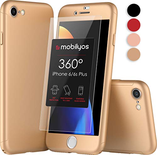Mobilyos Funda iPhone 6s Plus 360 Grados Completa - Carcasa Integral con Protector de Pantalla de Vidrio Templado para iPhone 6 / 6s Plus - Funda Delantera y Trasera con Cristal Templado (Oro)