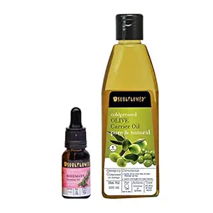 Soulflower Rosemary Essential Oil 15ml & Coldpressed Oilve Carrier Oil 225ml | Hair Growth, Skin, Nourishment & Moisturization, Fine Lines & Wrinkles, Strengthen Hair Roots - Pack of 2
