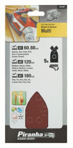 Piranha Multischleifpapier-Set, Körnung 1 x 60/80/180; 2 x 120, Black+Decker Multi, Klett-Fix, 5 Stück, X31467
