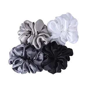 Vechan Silk Satin Hair Scrunchies Ties Pack of 4 for Women and Girls (Grey, Light Grey, White and Black) | USA Qualified Hair | Best Homemade Quality Scrunchy