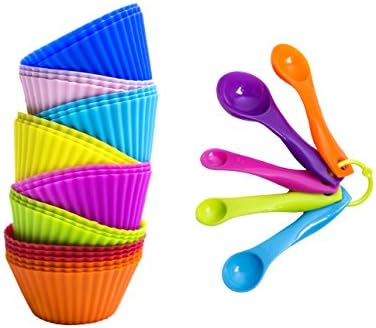 YIRANFANTASY Cupcake Molds, 24 Pack Silicone Reusable Muffin Cases Baking Molds Cups 8 Colors and 5 Pieces Measuring Spoon Set Perfect for Cakes, Muffin, Ice Cream, Dessert Molds (Multicolor)