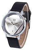 Quarz Armbanduhr - SODIAL(R)Damen Herren Glas holen Dreieck Kunstleder Analog Quarz Armbanduhr Schwarz Band und Silber Gehaeuse