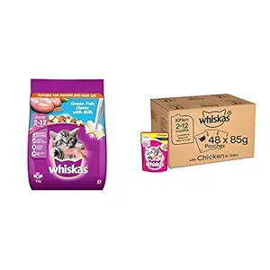 Whiskas Kitten (2-12 Months) Dry Cat Food, Ocean Fish Flavour with Milk, 3 Kg Pack & Kitten (2-12 Months) Wet Cat Food, Chicken in Gravy Monthly Pack, 48 Pouches (48X85G)