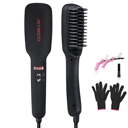 High quality Hair Straightener comb - Electric Straight Hair Styling Brush with 2 Free Hair Clips, Anti Scald Gloves and Small Cleanup Brush - Hair straightening Brush Babyliss Is Simple To Operate (Black)-ccbetter
