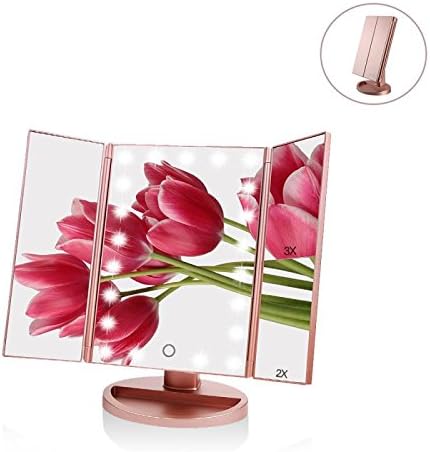 Dimmable Tri-Fold Makeup Mirror with 21 LED Lights and 1X & 2X & 3X Magnifying vanity mirror & storage & 180°Free Rotation Countertop by USB or Battery Powered for Travel Table Bathroom（Rose gold）