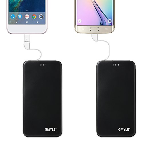 USB-C-Powerbank, GMYLE 5000 mAh, schmales tragbares externes USB-Ladegerät mit integriertem Micro-USB-Kabel und USB-Adapter Typ C (schwarz) - 2
