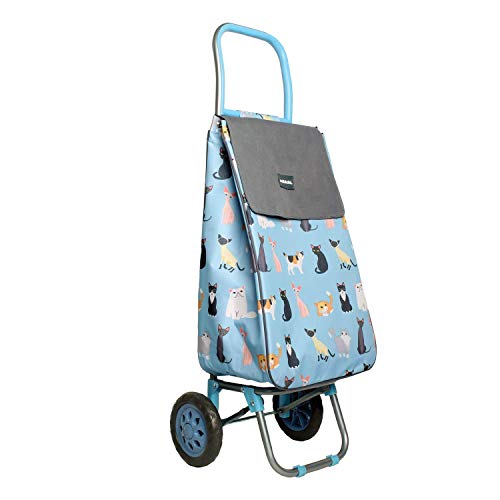 Sabichi 188915 Crazy Cats Blue 2 Wheel Shopping Trolley with Thermal Insulation Liner and Trolley Hanger, 40ltr Capacity, 94 x 33 x 22cm