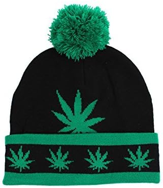Kush Pom Pom Ski Beanie Hat Cap Black Green : Black / Green - One Size