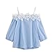 Produktbild SEWORLD T-Shirt Damen Muttertag Geschenk Frauen Sommer Nadelstreifen aus der Schulter Bluse 3/4 Ärmel Spitze Patchwork Tops Oberteil(Blau,M)