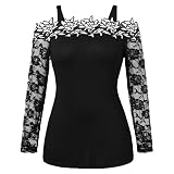 Yvelands Mode T-Shirt Tops Damen Langarmshirts Plus Size Spitze Applique Kalte Schulter(CN-4XL,Schwarz)