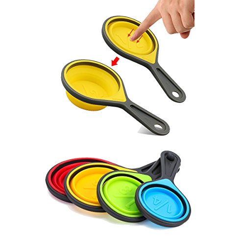 Faltbare Silikon-Messbecher und Löffel 8 Stück Set Messgerät mit Gravur Metrisch/Amerikanisch für messen ohne waage, platzsparend, bunt - 3