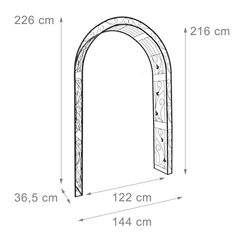 Relaxdays Rosenbogen Blatt mit Verzierung HBT 226 x 144 x 36,5 cm Rankhilfe und Torbogen als Kletterhilfe für Kletterrosen aus Eisen mit 6 Heringen stabiles Rankgitter und Rosenspalier, schwarz - 2