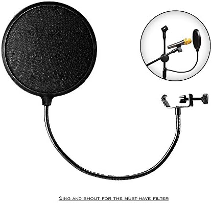 iNeith Microphone Pop Filter Swivel Mask Shield Mic Round Shape Wind Filter with 360 Degree Flexible Stand Clip Gooseneck Mount 6 Inch Black