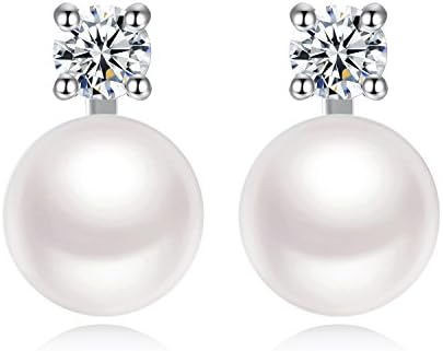 Women Silver Pearl Earrings Sterling 925 Crystal Girl White Freshwater Cultured 5A Button Shape for Valentine’s Gifts Birthday with Jessibox Gift Package