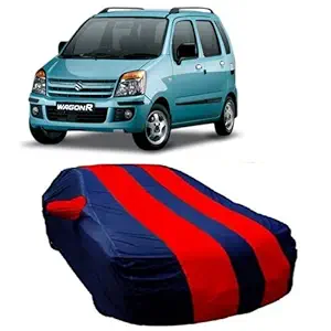 DRIZETM Wagonr Car Cover Waterproof with Triple Stitched Fully Elastic Ultra Surface Body Protection/Wagonr car Cover/Wagon r car Cover Waterproof (Strips Red with Mirror Pockets)
