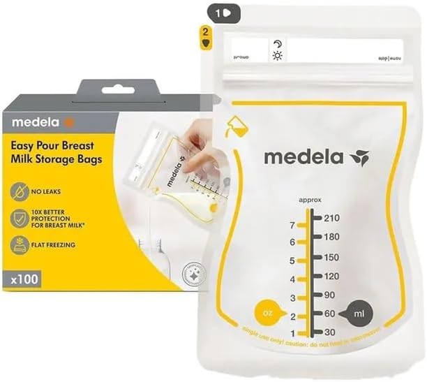 Medela Easy Verser Lot de 100 sachets de conservation jetables pour lait maternel 210 ml Design anti-fuite avec protection du lait Sans BPA
