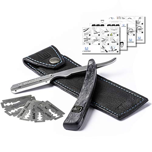 Präzises Premium-Rasiermesser + Hochwertiges Echtleder-Etui + Einfache Anleitungen + Scharfe Ersatzklingen | urwunder Beardo | Ideal zum Rasieren (silber matt/schwarz)