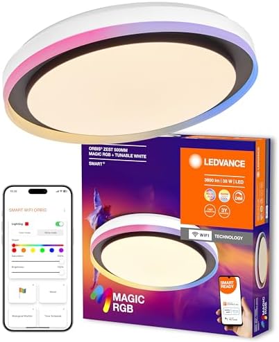 LEDVANCE Smart e Lampada a soffitto a LED WiFi, bianco o nero, 32W, 3400lm, funzionalità di luce bianca, dimmeble, effetto di luce Magic-RGB dinamico, lunga durata, montaggio semplice, 2700-6500K