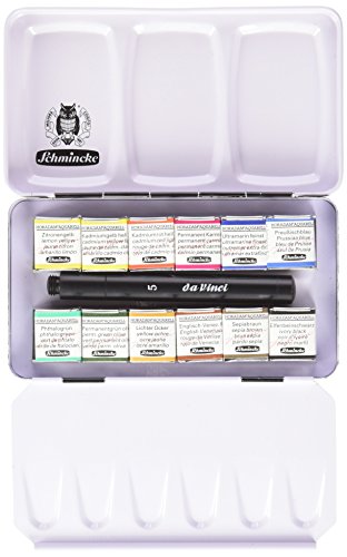 Schmincke Aquarellfarbe, Horadam Aquarell Malkasten, Metallkasten, 12 x 1/2 Näpfchen inkl. 1 Pinsel - 2
