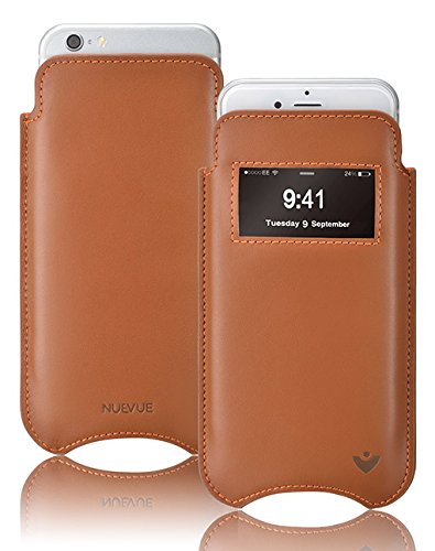 NueVue Leather Premium Pouch Window Case with Built-In Screen Cleaning Technology for Apple iPhone 7 - Tan