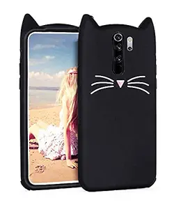 Indiacase Girls 3D Silicone and Rubber Cartoon Series Cute Cat Ear & Beard Back Cover for Redmi Note 8 Pro Black