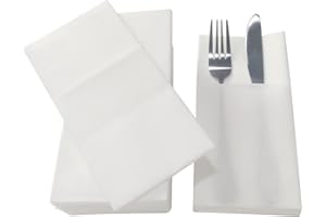 JINYUDOME White Napkins,Linen-Feel Wedding Napkins with Built-in Flatware Pocket (White150)