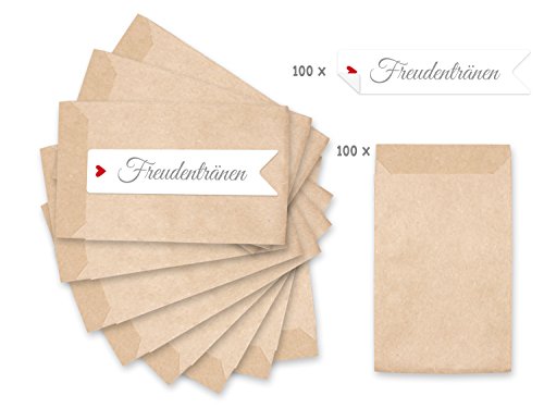 Freudentränen Set 100 braune Flachbeutel inklusive 100 Aufkleber / Sticker als Verpackung für Freudentränen Taschentücher – TOP QUALITÄT aus Deutschland von KuschelICH - 2