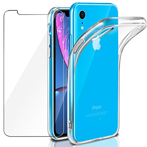 Funda + Cristal para iPhone XR, Leathlux Transparente TPU Silicona [Funda + Vidrio Templado] Ultra Fino Protector de Pantalla 9H Dureza HD y Flexible Back Case Cover para iPhone XR - 6.1