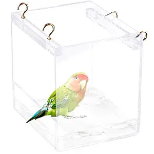 Tfwadmx Bird Bathtub for Cage Parrot Bath Shower Box Bowl?No-Leakage Design with Hooks for Small Bird Parrot Myna Budgie Lovebird