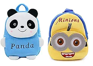 Blue Tree Kids School Bag Soft Plush Backpack Combo Cartoon Bags Mini Travel Bag for for Girls Boys Toddler Baby (Old Blue Panda & Minion)