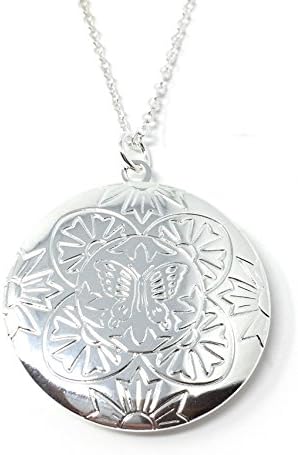 Cadoline Silver Plated Large Round Pendant Necklace 3.3cm Diameter with 18 Inch Chain Open Flower Butterfly Photo Locket